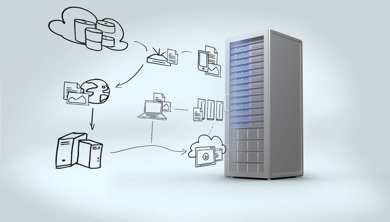 Cloud computing doodle against digitally generated grey server tower-1
